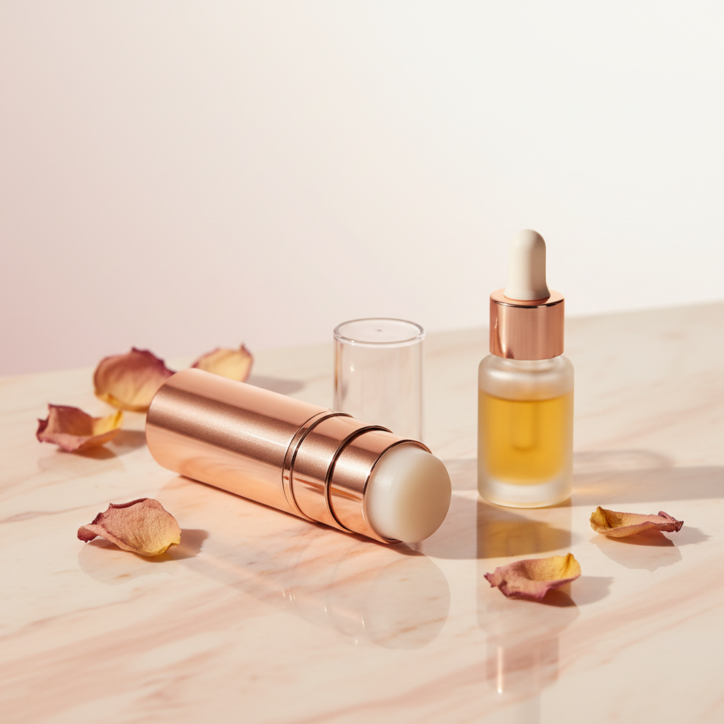 DESZIANKHAEL GLOW Collagen Glow Balm Stick on marble with rose petals